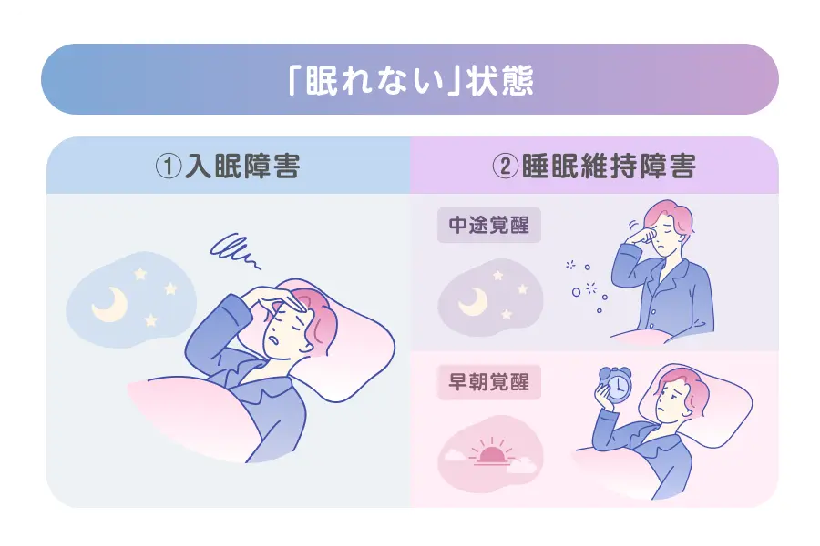 「眠れない」状態を、①入眠障害と②睡眠維持障害（中途覚醒・早朝覚醒）に分類して表したイラスト